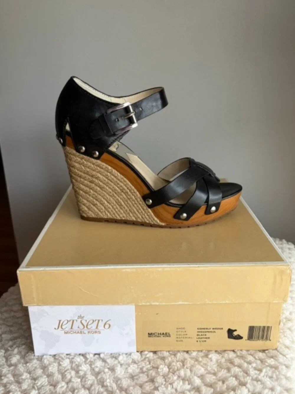 🖤 Michael Kors Somerly Black Leather Espadrille Wedge Sandals 8.5